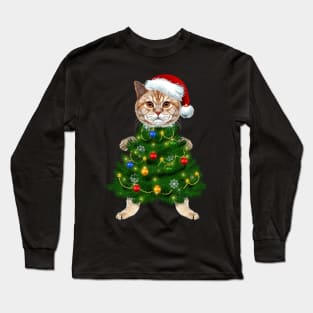 Santa Maine Coon Cat Christmas Tree Light Funny Xmas Cat Long Sleeve T-Shirt